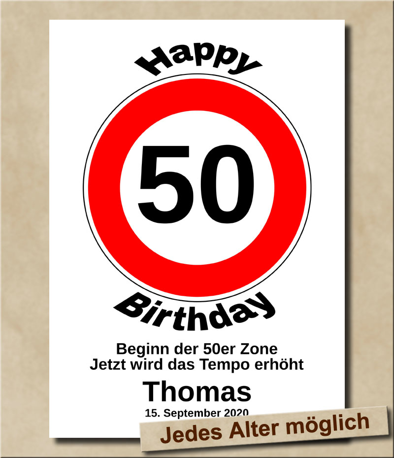 Verkehrsschild Tempolimit zum Geburtstag 50 Jahre