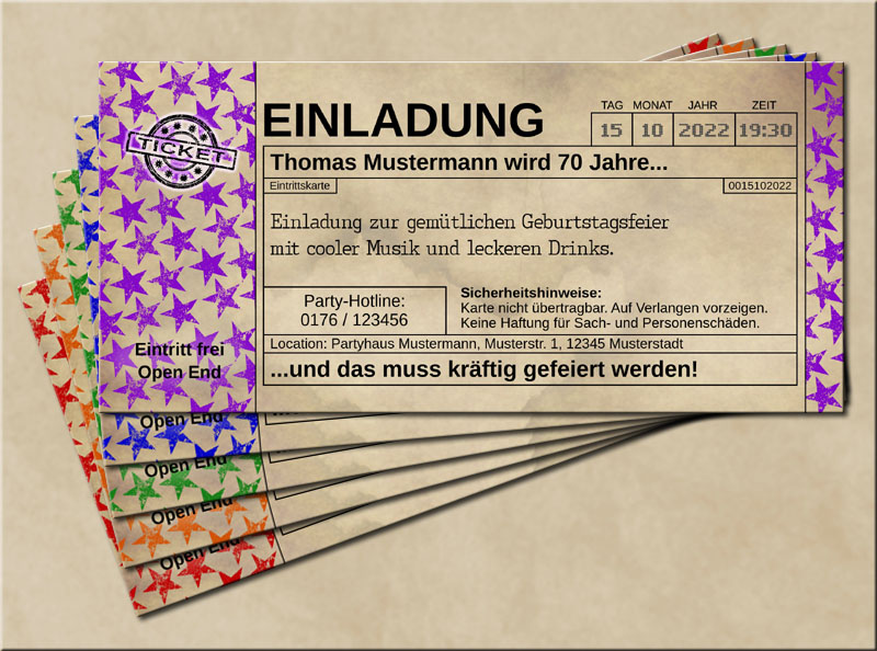 Einladungskarten Stars im Old Vintage Look Lila